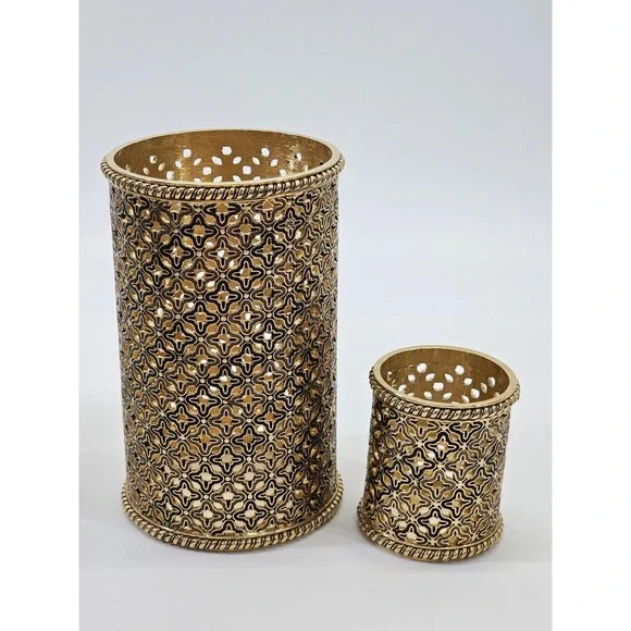 SET 3 St. John Home Enamel Open Design Gold Tone Candle Votives Holders Designer